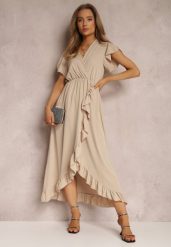 Beżowa Sukienka Morleo. Brązowe sukienki damskie Renee, na wesele, bez wzorów, eleganckie, bez kołnierzyka, bez ramiączek, maxi, kopertowe. Za 59.99 zł.