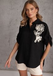 Czarna Nietoperzowa Koszula z Wiskozy z Podpinanymi Rękawami i Haftem Adreaneh. Czarne koszule damskie Renee, l, bez wzorów, z materiału, casualowe, bez kołnierzyka, bez ramiączek. Za 69.99 zł.