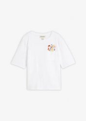 T-shirt z czystej bawełny organicznej, z haftem. Białe t-shirty damskie bonprix, bez wzorów, z bawełny, bez kołnierzyka, bez ramiączek. Za 52.99 zł.