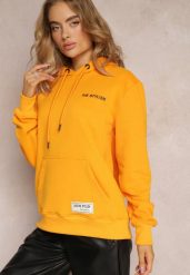 Pomarańczowa Bluza z Nadrukiem na Tyle i Kapturem oraz Kieszonką Stelletta. Brązowe bluzy damskie Renee, xl, bez wzorów, z bawełny, bez ramiączek, z kapturem. Za 99.99 zł.