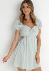 Miętowa Sukienka Roatta. Zielone sukienki damskie Born2be, na lato, l, bez wzorów, z bawełny, bez kołnierzyka, bez ramiączek, mini, rozkloszowane. Za 84.99 zł.