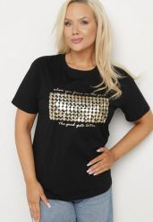 Czarny T-shirt Bawełniany Ozdobiony Cekinami Lirenell. Czarne t-shirty damskie Born2be, xl, bez wzorów, z bawełny, biznesowe, bez kołnierzyka, bez ramiączek. Za 39.99 zł.