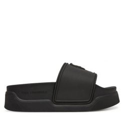 Klapki KARL LAGERFELD. Czarne klapki damskie KARL LAGERFELD, bez wzorów, bez obcasa, bez zapięcia. Za 299.99 zł.