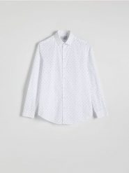 Koszula slim fit w drobne kwiaty - biały. Białe koszule męskie Reserved, l, bez wzorów, z bawełny, bez kołnierzyka, bez ramiączek. W wyprzedaży za 59.99 zł.
