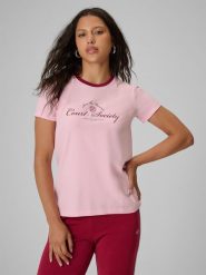 4F T-shirt regular z nadrukiem damski - różowy L. Czerwone koszulki sportowe damskie 4F, l, bez wzorów, z bawełny, bez ramiączek, tenisowe. Za 59.99 zł.