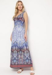 Niebieska Sukienka Boho na Lato ze Sznurkami na Ramionach i Gumką w Talii Aharleta. Niebieskie sukienki damskie Born2be, na lato, m, bez wzorów, boho, bez kołnierzyka, bez ramiączek, maxi. Za 49.99 zł.