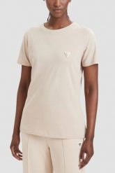 GUESS Kremowy damski t-shirt na krótki rękaw Colette, Rozmiar M. Brązowe t-shirty damskie Guess, m, z aplikacjami, eleganckie, bez kołnierzyka, bez ramiączek. W wyprzedaży za 159.99 zł.