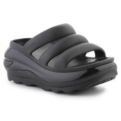 Klapki damskie Crocs Mega Crush Triple Strap. Czarne klapki damskie Crocs, bez wzorów, z materiału, sportowe, bez obcasa, bez zapięcia. Za 401.00 zł.