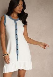 Biała Taliowana Sukienka z Wiskozą Guzikami i Jeansowymi Wstawkami Lilorea. Białe sukienki damskie Renee, na co dzień, m, bez wzorów, z jeansu, eleganckie, bez kołnierzyka, bez ramiączek, mini, dopasowane. Za 129.99 zł.