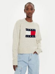 Tommy Jeans Sweter Flag DW0DW18681 Beżowy Relaxed Fit. Brązowe swetry nierozpinane damskie Tommy Jeans, l, bez wzorów, z jeansu, bez kołnierzyka, bez ramiączek. Za 269.99 zł.