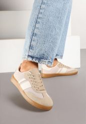 Ciemnobeżowe Sneakersy Tenisówki z Ozdobnymi Paskami Nelidi. Brązowe trampki i tenisówki damskie Born2be, bez wzorów, z jeansu, bez zapięcia. Za 74.99 zł.