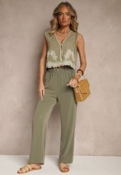 Zielone Wiskozowe Spodnie High Waist o Prostym Fasonie Saliella. Zielone spodnie materiałowe damskie Renee, na lato, bez wzorów, z jeansu, eleganckie, z podwyższonym stanem. Za 44.99 zł.