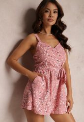 Różowy Kombinezon Kisney. Czerwone sukienki damskie Renee, na lato, l, bez wzorów, z materiału, bez kołnierzyka, bez ramiączek, mini. Za 54.99 zł.