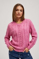 Sweter z ozdobnym splotem fuksjowy. Swetry nierozpinane damskie MOODO, l, bez wzorów, z poliesteru, bez kołnierzyka, bez ramiączek. W wyprzedaży za 59.99 zł.