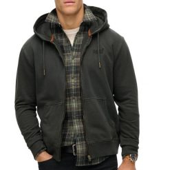 Rozpinany, wyblakły hoodie z logo Superdry Essential. Szare bluzy męskie Superdry, m, bez wzorów, z kapturem. Za 390.75 zł.
