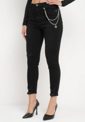 Czarne Jeansy Skinny z Ozdobnym Odpinanym Łańcuszkiem i Dziurami Dalphina. Czarne jeansy damskie Born2be, z aplikacjami, z jeansu, eleganckie. Za 64.99 zł.