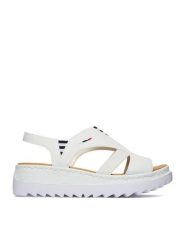 Rieker Sandały CEO-V44Y5-80 Biały. Białe sandały damskie Rieker, bez wzorów, ze skóry, bez obcasa, na koturnie, bez zapięcia. Za 319.99 zł.