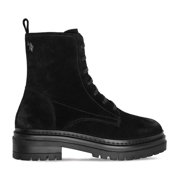 Trzewiki U.S. Polo Assn. Czarne botki damskie U.S. Polo Assn., bez wzorów, bez obcasa, na płaskiej podeszwie, bez zapięcia. Za 289.99 zł.