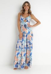 Niebieska Sukienka Gouin. Niebieskie sukienki damskie Born2be, na wesele, na lato, z aplikacjami, eleganckie, bez kołnierzyka, bez ramiączek, maxi, rozkloszowane. Za 29.99 zł.