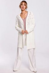 Długi kardigan ażurowy sweter z paskiem ecru. Białe kardigany damskie MOE, l, w ażurowe wzory, z dzianiny, biznesowe, bez kołnierzyka. Za 249.00 zł.