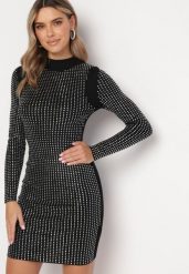 Czarna Dopasowana Sukienka Mini w Cyrkonie Stelladi. Czarne sukienki damskie Born2be, bez wzorów, bez kołnierzyka, bez ramiączek, mini, dopasowane. Za 189.99 zł.