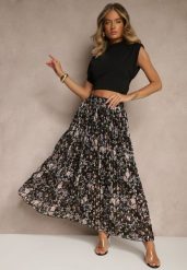 Czarna Kwiecista Spódnica Rozkloszowana z Plisami Zdobiona Metalicznym Nadrukiem Folonissa. Czarne spódnice damskie Renee, na co dzień, l, z aplikacjami, eleganckie, maxi, proste. Za 54.99 zł.