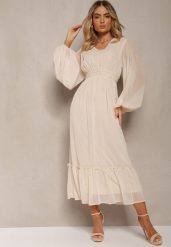 Beżowa Plisowana Sukienka Koktajlowa Ozdobiona Guzikami i Falbankami Osumia. Brązowe sukienki damskie Renee, na lato, l, bez wzorów, eleganckie, bez kołnierzyka, bez ramiączek, maxi, rozkloszowane. Za 129.99 zł.
