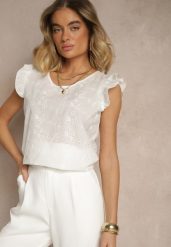 Biała Ażurowa Bluzka z Bawełny Ozdobiona Falbankami Ridilane. Białe bluzki damskie Renee, l, w ażurowe wzory, z bawełny, eleganckie, bez kołnierzyka, bez ramiączek. Za 39.99 zł.
