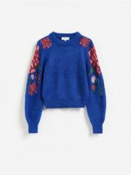 Sweter z żakardowym wzorem - niebieski. Niebieskie swetry nierozpinane damskie Reserved, l, bez wzorów, z dzianiny, bez kołnierzyka, bez ramiączek. Za 149.99 zł.
