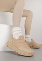 Ciemnobeżowe Sneakersy Śniegowce na Platformie z Tłoczeniem i Pikowaną Cholewką Vermina. Brązowe śniegowce damskie Renee, z dresówki, bez zapięcia. Za 49.99 zł.