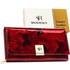 Lakierowany, czerwony portfel damski ze skóry naturalnej, zamykany zatrzaskiem Rovicky RH-20A-1-DBF. Czerwone portfele damskie z lakierowanej skóry. Za 89.99 zł.