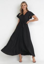 Czarna Elegancka Sukienka Maxi w Plisy z Kopertowym Dekoltem i Wiązaniem Thessi. Czarne sukienki damskie Born2be, na lato, m, bez wzorów, eleganckie, bez kołnierzyka, bez ramiączek, maxi, kopertowe. Za 69.99 zł.