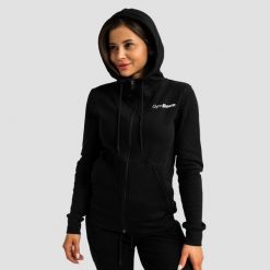 Bluza damska fitness z kapturem i zamkiem czarna Limitless. Czarne bluzy damskie GYMBEAM, xs, bez wzorów, z bawełny, sportowe, bez ramiączek, z kapturem. Za 127.90 zł.