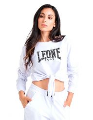 Luksusowa damska bluza wiązana z okrągłym dekoltem. Białe bluzy damskie LEONE 1947 APPAREL, na lato, l, z aplikacjami, z bawełny, sportowe, bez ramiączek, z kapturem. Za 84.16 zł.