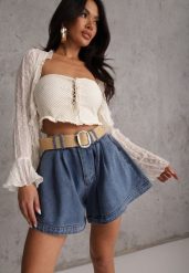 Granatowe Szorty Jeansowe High Waist z Bawełny z Elastycznym Paskiem Tinreia. Niebieskie szorty damskie Renee, bez wzorów, z bawełny, z podwyższonym stanem. Za 129.99 zł.