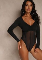 Czarne Body Vices o Fasonie Longsleeve z Dekoltem w Kształcie V Asstre. Czarne body Renee, bez wzorów, z jeansu. Za 69.99 zł.