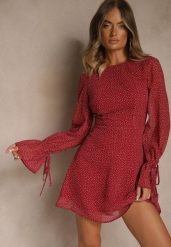 Bordowa Sukienka Vices Ozdobiona Transparentnymi Rękawami i Kropkami Celziva. Czerwone sukienki damskie Renee, na co dzień, l, bez wzorów, z koronki, eleganckie, bez kołnierzyka, bez ramiączek, mini, dopasowane. Za 99.99 zł.