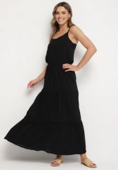 Czarna Wiskozowa Sukienka o Rozkloszowanym Kroju na Ramiączkach Flenore. Czarne sukienki damskie Born2be, na co dzień, na lato, l, bez wzorów, z wiskozy, eleganckie, bez kołnierzyka, bez ramiączek, maxi, kopertowe. Za 89.99 zł.