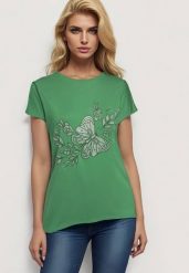 Zielony Klasyczny Bawełniany T-shirt z Nadrukiem Wiloa. Zielone t-shirty damskie Born2be, xl, bez wzorów, z bawełny, klasyczne, bez kołnierzyka, bez ramiączek. Za 34.99 zł.
