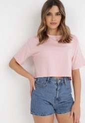 Jasnoróżowy T-shirt Rheniala. Czerwone t-shirty damskie Born2be, l, bez wzorów, z bawełny, bez kołnierzyka, bez ramiączek. Za 29.99 zł.