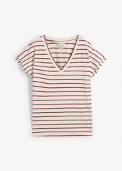 T-shirt z mieszanki bawełny z rękawkami z falbaną. Brązowe t-shirty damskie bonprix, bez wzorów, z bawełny, bez kołnierzyka, bez ramiączek. Za 19.99 zł.