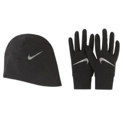 Komplet damski do biegania czapka i rękawiczki Nike Women's Hat and Glove Set. Czarne czapki damskie Nike, bez wzorów, sportowe. Za 252.50 zł.