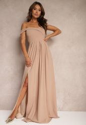 Ciemnobeżowa Elegancka Długa Sukienka Hiszpanka Wykończona Rozcięciem na Dole Idelia. Brązowe sukienki damskie Renee, na lato, l, bez wzorów, z materiału, eleganckie, bez kołnierzyka, bez ramiączek, maxi. Za 119.99 zł.