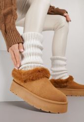 Brązowe Śniegowce na Grubej Podeszwie z Niską Cholewką i Futerkiem Sewone. Brązowe śniegowce damskie Born2be, z futra, przed kostkę, bez zapięcia. Za 59.99 zł.