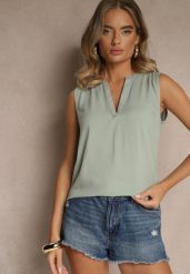 Zielona Bluzka z Wiskozy z Wycięciem przy Dekolcie Tilenera. Zielone bluzki damskie Renee, l, bez wzorów, z jeansu, eleganckie, bez kołnierzyka, bez ramiączek. Za 49.99 zł.