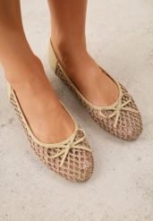 Ciemnobeżowe Siateczkowe Balerinki z Plecioną Cholewką z Kokardką Lilinrelle. Brązowe balerinki damskie Born2be, bez wzorów, z jeansu, klasyczne, bez obcasa, bez zapięcia. Za 69.99 zł.