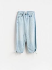 Jeansy barrel z wiązaniem - niebieski. Niebieskie jeansy damskie Reserved, bez wzorów, z bawełny. Za 139.99 zł.