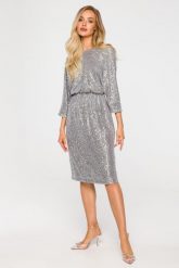 Cekinowa Sukienka Wieczorowa - Srebrna. Szare sukienki damskie MOE, l, bez wzorów, z materiału, wizytowe, bez kołnierzyka, bez ramiączek. Za 434.90 zł.