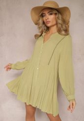 Zielona Rozkloszowana Sukienka Koszulowa Mini w Stylu Boho Binessa. Zielone sukienki damskie Renee, l, bez wzorów, boho, bez kołnierzyka, bez ramiączek, mini, koszulowe. Za 84.99 zł.