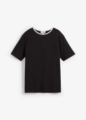 T-shirt z kontrastowym elementem. Czarne t-shirty damskie bonprix, bez wzorów, bez kołnierzyka, bez ramiączek. Za 24.99 zł.